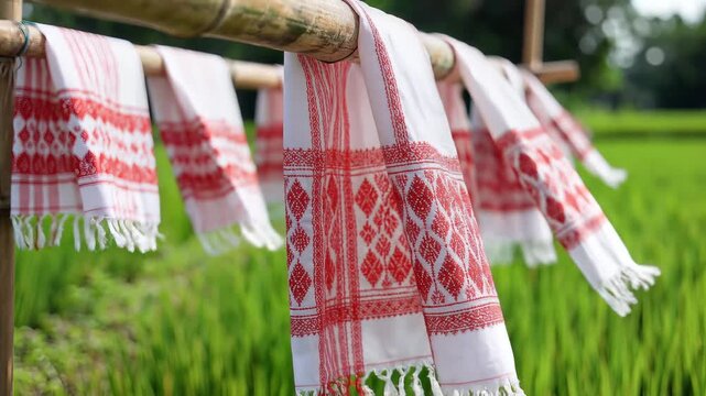 Assamese traditional gamosa hanging for Happy Bohag bihu festival in green fields