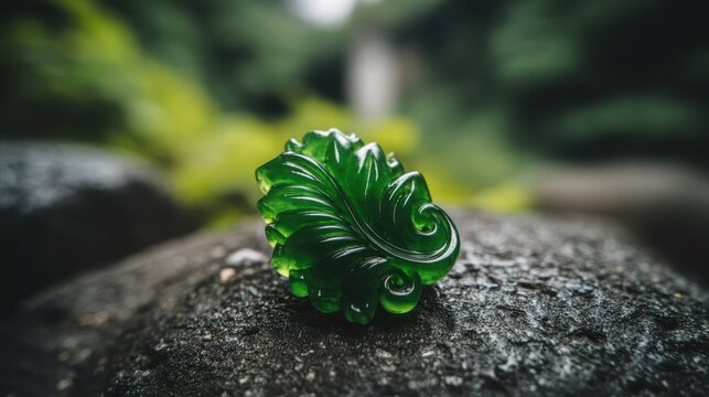 Exquisite green jadeite leaf carving rests on a textured stone surface amidst natural bokeh