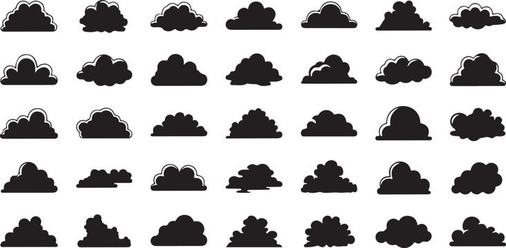 A diverse collection of various cloud types and formations in black and white isolated on transparent background, Vector