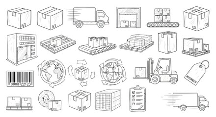 Hand drawn logistics icons including boxes trucks and a world map silhouette