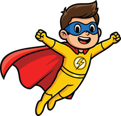Fototapeta premium Cute Cartoon Superhero Boy Flying with Red Cape and Blue Mask.