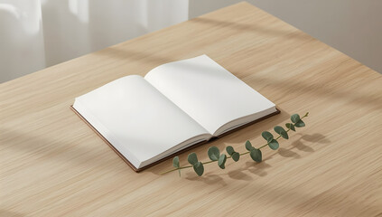 Fototapeta premium Open blank notebook and a eucalyptus branch on a wooden desk. Minimalist aesthetic. 