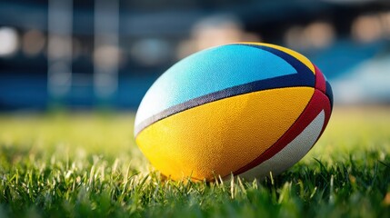 Brightly painted rugby ball resting on green grass with stadium background