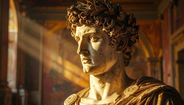 Marble bust of a Roman emperor with laurel wreath bathed in warm, dramatic light, showcasing historical art