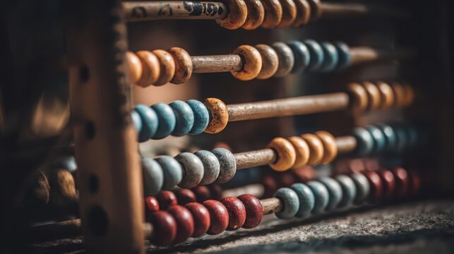 Vintage wooden abacus with colorful beads meticulously aligned on rods for ancient counting and calculation