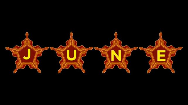  June Yellow Letter Reveal Animation with Dramatic Fire Flame Opening and Closing Transition on Dark Background, Burning Typography Month Title Intro, Cinematic Fire Text Effect, 4K Motion Graphi