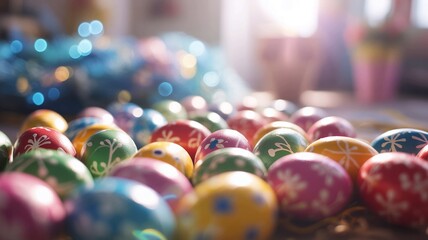 Vibrant easter eggs with floral patterns in colorful array on table with bokeh background