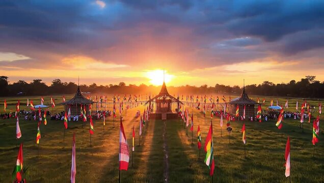 Beautiful traditional bohag bihu festival celebration with flags under golden sunset