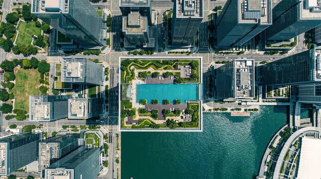 Pure 90 Degree Nadir Top View of Singapore CBD Marina Bay Financial District