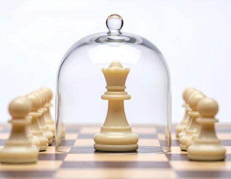 Protected queen chess piece under glass dome