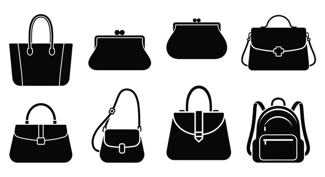 Various styles of handbags and purses depicted in black silhouette