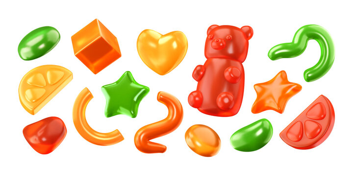 3d jelly shapes, abstract marmalade elements. Glossy isolated sweets, multicolored gummy desserts. Soft chubby candies. Vector illustration. Chewy inflated snacks set.