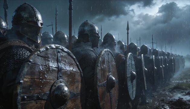 Medieval soldier armor shield viking army in rain storm battle formation with helmet spear lineup tense battlefield scene dramatic sky tension courage determination grit