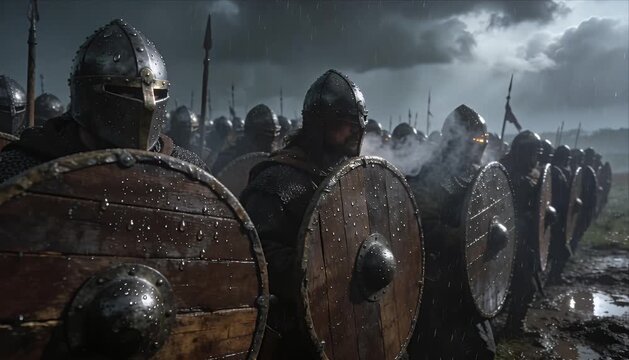 Wet viking army warrior shield battle formation rain storm dark dramatic clouded medieval sky, tense shield wall armor helmet spear line, cinematic ancient soldier history courage tension field