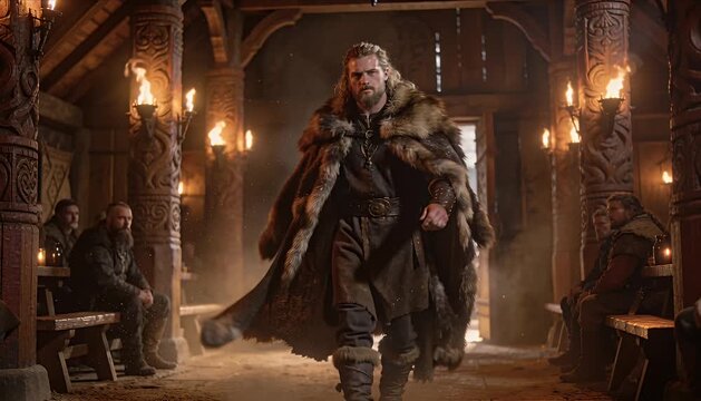 Viking warrior leader fur cloak wooden hall longhouse torch light firelight medieval clothing long beard ancient warrior fantasy character norse culture rustic interior fierce stride wooden carving