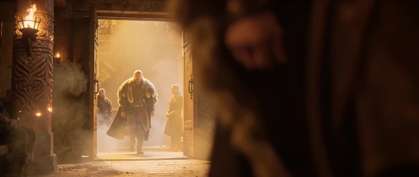 Viking warrior army leader fighter soldier man male with beard in fur cloak walks through medieval hall torchlight council feast entrance tense atmosphere honor courage tradition gathering