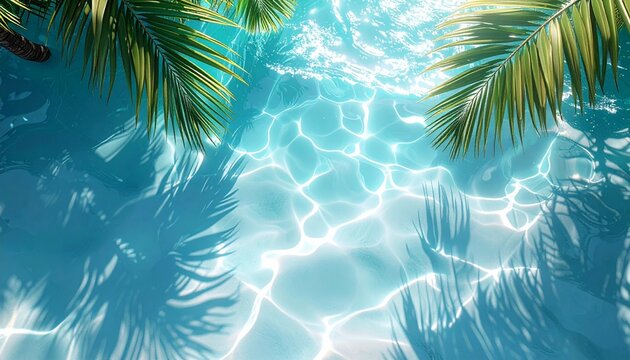 Aqua waves and coconut palm shadow on blue background. Water pool texture top view.Tropical summer mockup design. Luxury travel holiday. 3d render