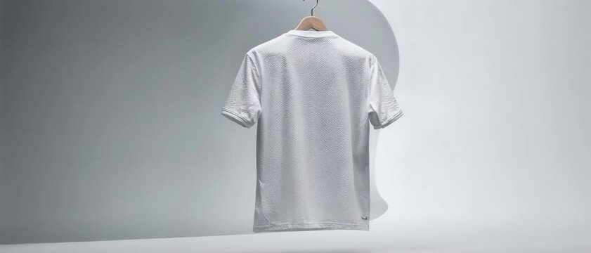Pristine White Jersey. Soccer/Football Merchandise Mockup (No Brand, No Logo). Merchandise Mockup. A high-quality plain white athletic jersey hanging on a minimalist floating hanger

