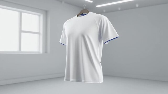 Pristine White Jersey. Soccer/Football Merchandise Mockup (No Brand, No Logo). Merchandise Mockup. A high-quality plain white athletic jersey hanging on a minimalist floating hanger
