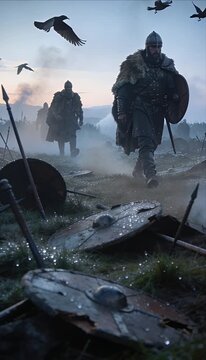 Viking warrior army march across misty battlefield at dawn under dramatic sky with crow and raven circling above shield wall axe spear fur cloak armor sword history epic cinematic tension