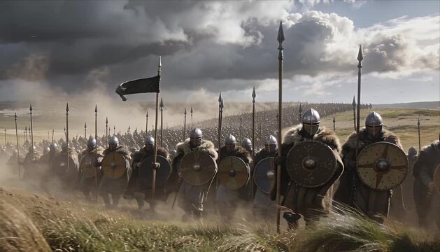 Viking army warrior shield spear helmet battle march history cloud dust storm battlefield epic charge cinematic tension courage determination dramatic landscape fantasy sky