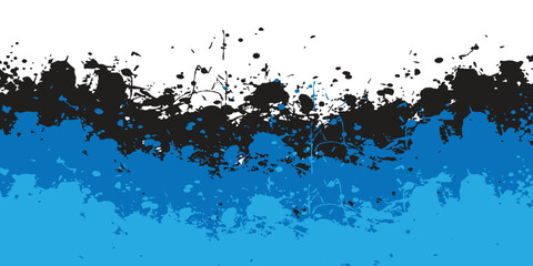 Obraz premium Abstract grunge background with black and blue paint splatters and textured brush strokes on a white backdrop.