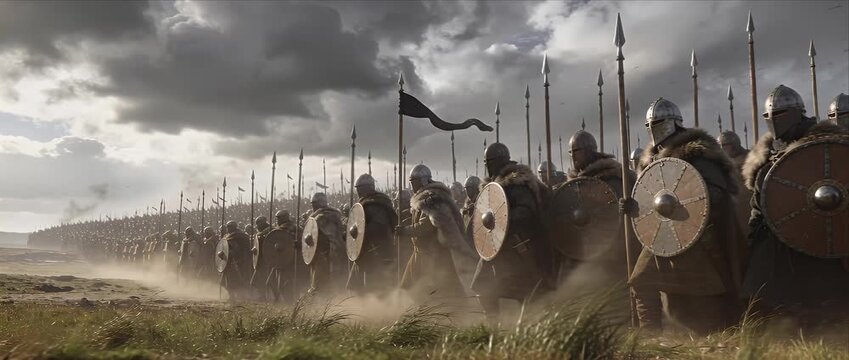 Medieval army viking warrior shield spear helmet battle march armor cloak battlefield dust field cloud sky tension cinematic epic courage determination