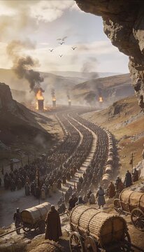 Medieval army viking warrior march battle siege fortress tower smoke fire mountain valley canyon caravan wagon soldier infantry war invasion torch shield sword spear banner armor strategy formation