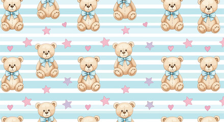 Cute Teddy Bears with Stars and Hearts, Baby Nursery Pattern Illustration"