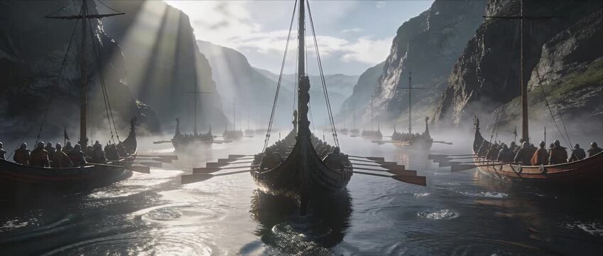 Viking fleet army ship on river water below mountain cliff in mist sun ray warrior reflection fjord longship sail at dawn in cold calm epic battle raid travel adventure exploration sky cloud history