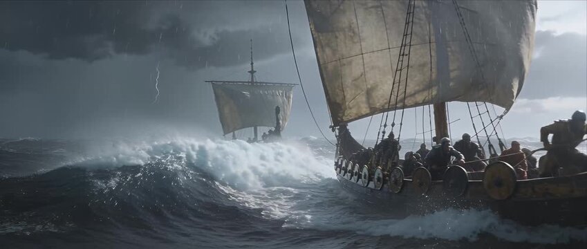 Viking ship longship warrior army crew sail sailing mast ocean sea wave storm stormy wave cloud thundercloud dramatic sky adventure courage epic journey voyage fantasy history ancient wood battle