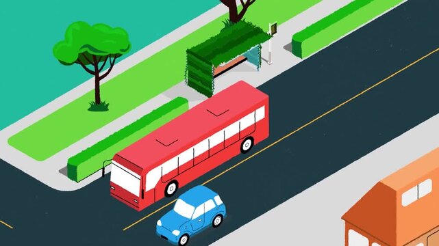 Isometric Urban Cityscape with Moving Cars and Bridge, Modern Infrastructure and Smart City Transportation Concept