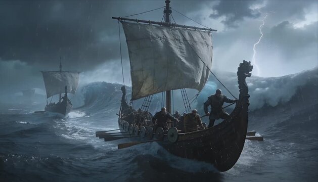 Viking longship storm ocean warrior army courage thunder cloud wave sail wooden boat shield in dark danger battle journey adventure power fear bravery strength as crew oar through dramatic sea voyage