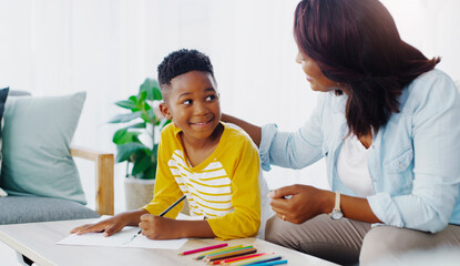 Art, mother or child in home with homework, parent support or bonding together in homeschool. Smile, people or black family with color pencils, creative development or guidance in remote learning. © peopleimages.com