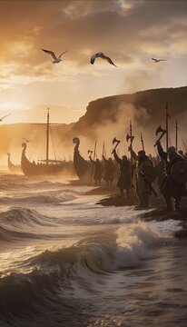 Viking army warrior battle on shore at sunset seascape with wave mist shield axe and sword near ship and longship coastline cliff seagull victory celebration epic fantasy adventure courage