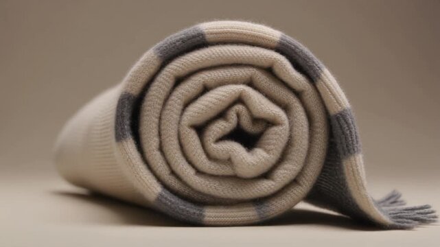 Rolled Scarf Close-Up. Soccer/Football Merchandise Mockup (No Brand, No Logo). Product Mockup. A rolled generic football scarf, set in a clean studio surface environment
