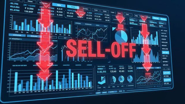 Digital financial dashboard displaying a 'Sell-Off' warning amid rapidly falling market indicators