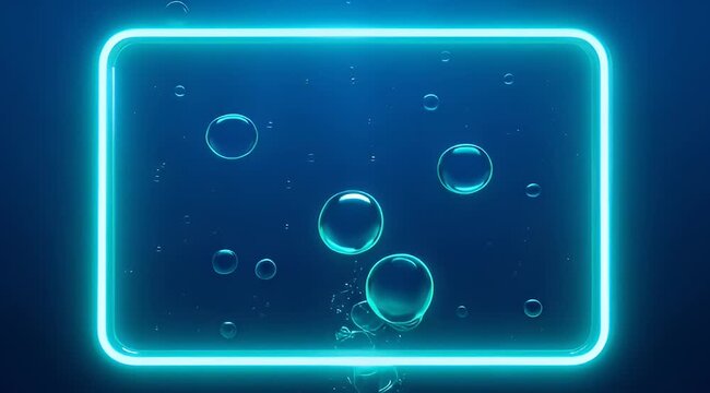 Abstract deep blue background with a glowing frame and floating bubbles