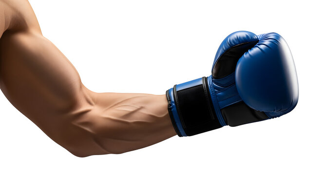 A muscular arm wearing a blue boxing glove isolated on transparent background
