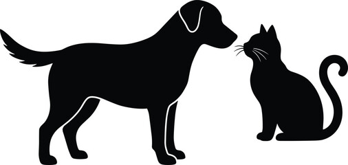 Minimalist black silhouette illustration of a friendly dog and cat standing face to face on a clean white background. © Eyaruna's World