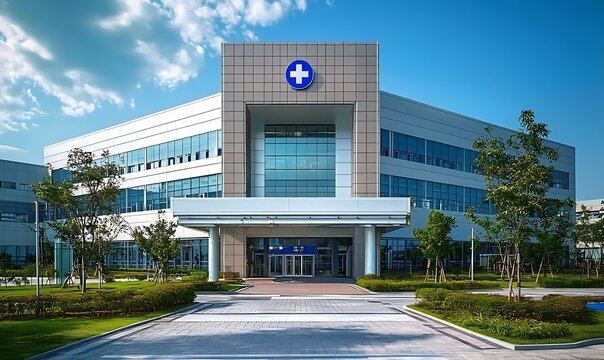 Front view of modern hospital building with blue cross symbol and green trees