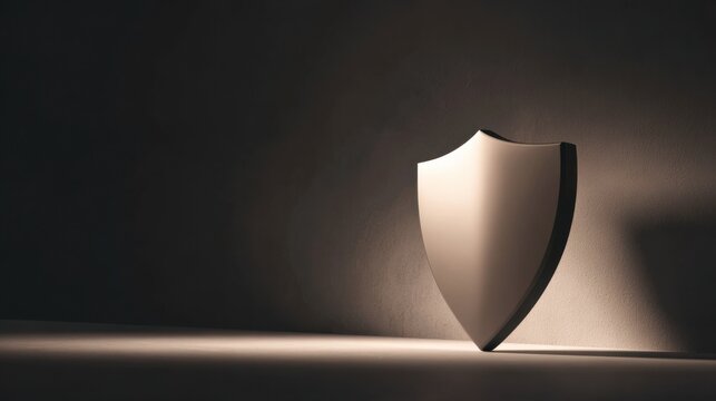 A metallic shield stands alone, symbolizing protection and security under a spotlight. The image exudes a sense of strength and resilience
