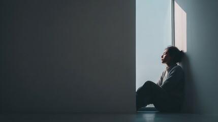 Fototapeta premium A person experiencing profound loneliness and introspection sitting by a window, bathed in a soft light