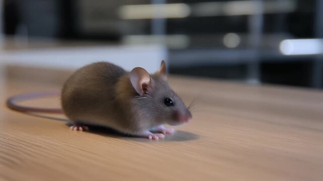 Brown mouse on wooden surface.