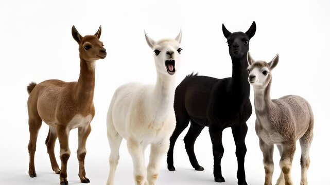 Four Llamas of Different Colors Standing and Looking in Different Directions on White Background