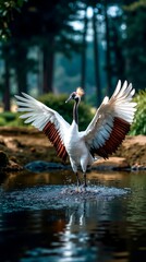 Fototapeta premium A white bird with its wings spread out in the water