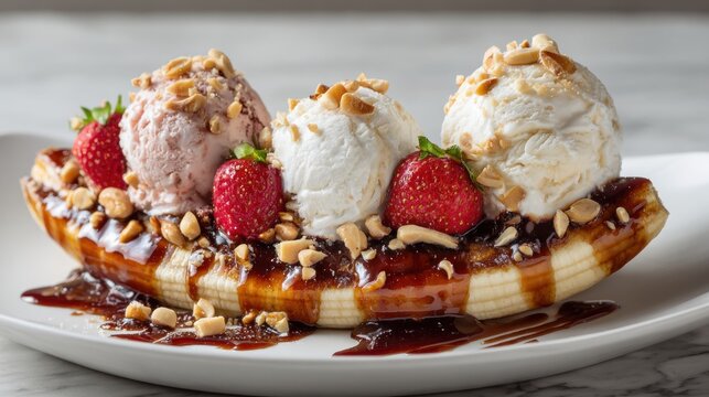 Delicious banana split dessert with ice cream and fresh strawberries