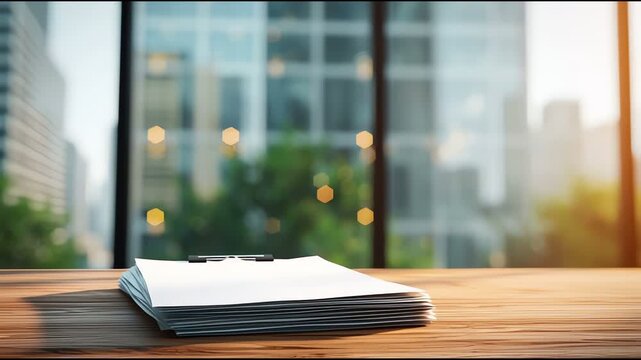 Stack of blank white papers on wooden table with blurred city office background and sunlight