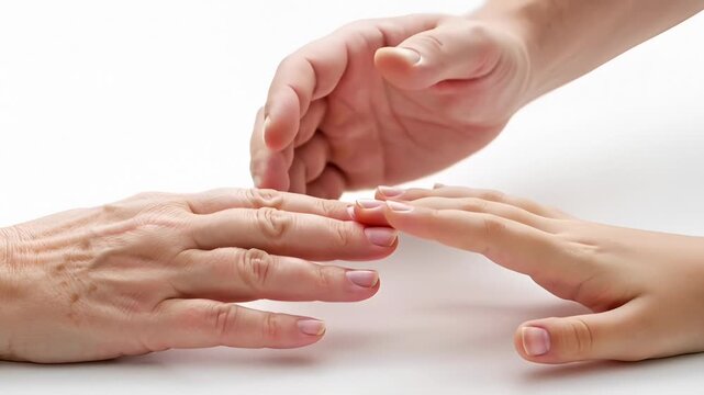 Three Hands Touching Over White Background, Symbolizing Connection and Unity
