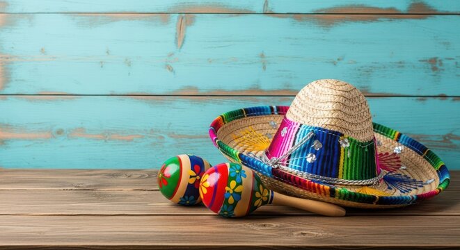 Vibrant sombrero and maracas on rustic wooden table, festive mexican symbols